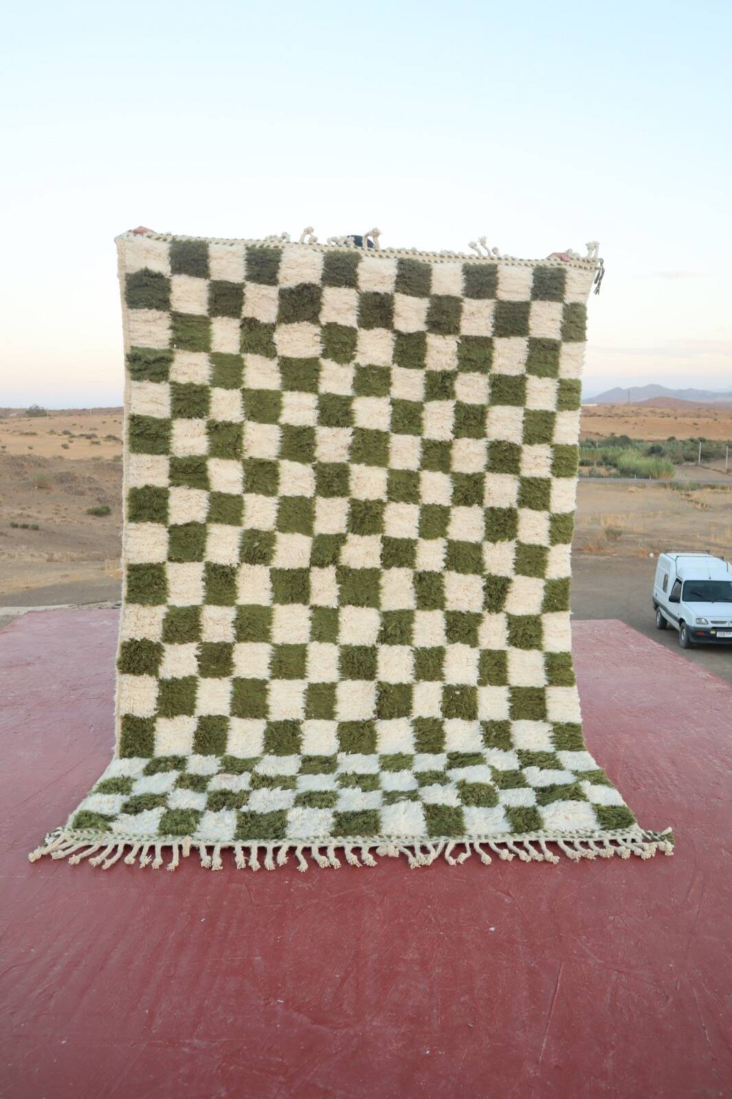 Beni Ouarain rug in Khaki Green and Cream Checkerboard, Handmade, 250x150cm
