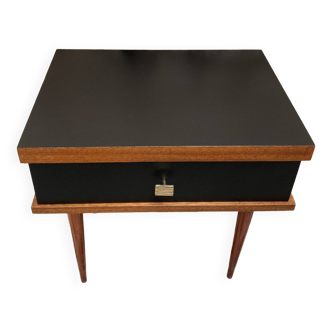 Black & mahogany bedside table with spindle legs