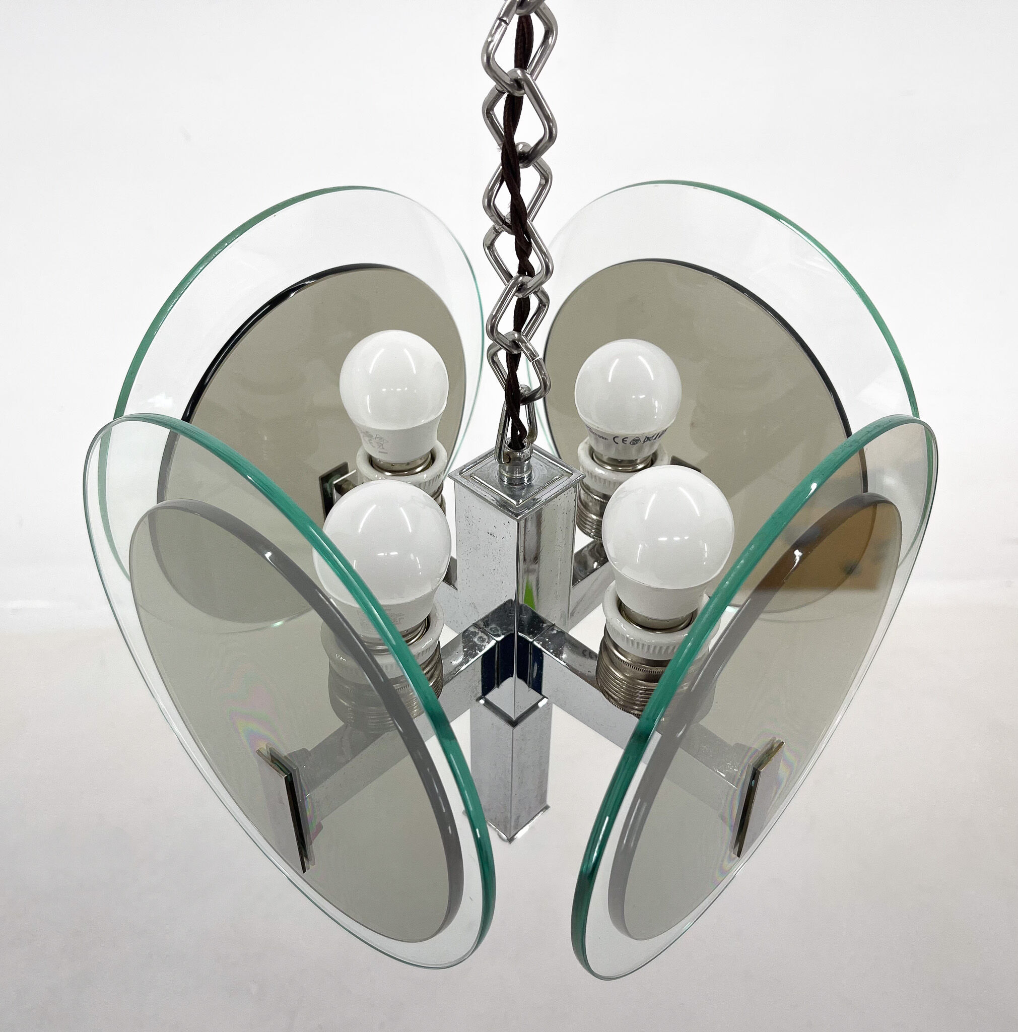 Unique art deco chrome & glass chandelier, 1920's
