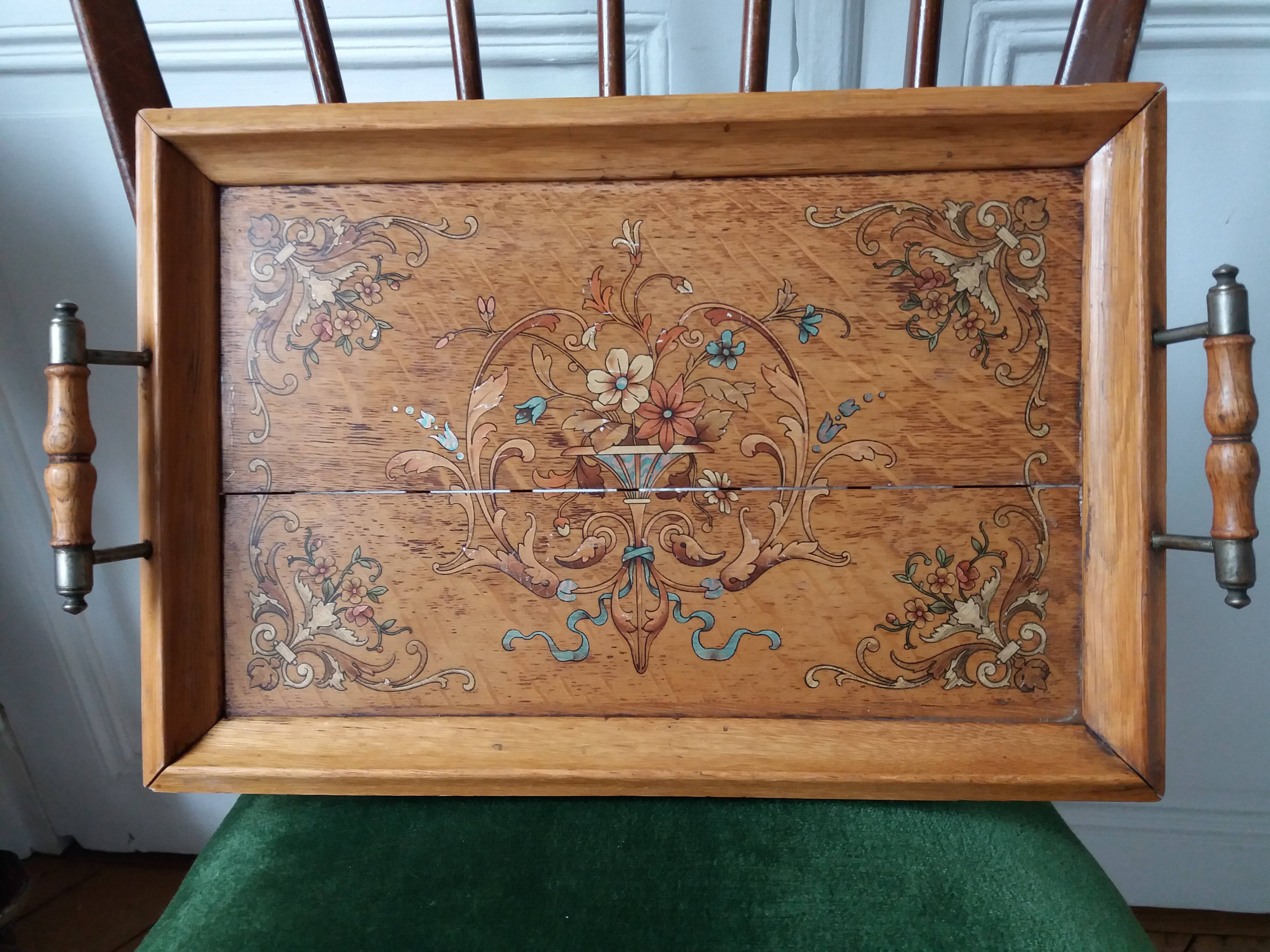 OLD ART NOUVEAU VARNISHED WOODEN TRAY WITH PAINTED DECORATION