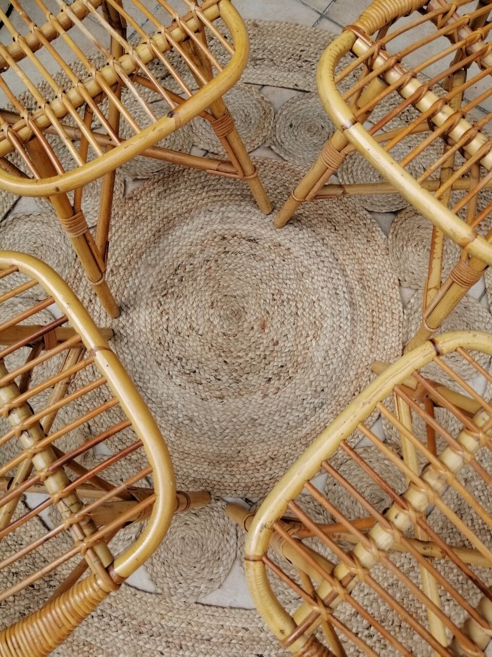 Series of 4 vintage rattan chairs.