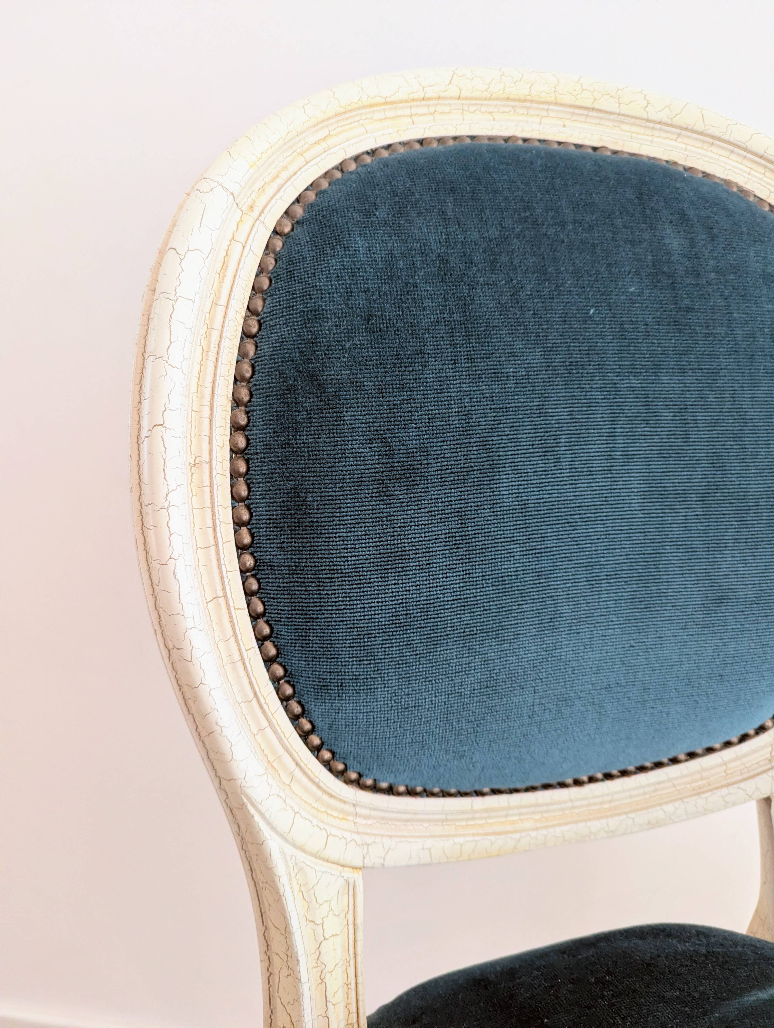 Vintage Louis XVI style chair in petrol blue velvet and patinated wood