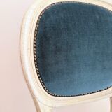 Vintage Louis XVI style chair in petrol blue velvet and patinated wood