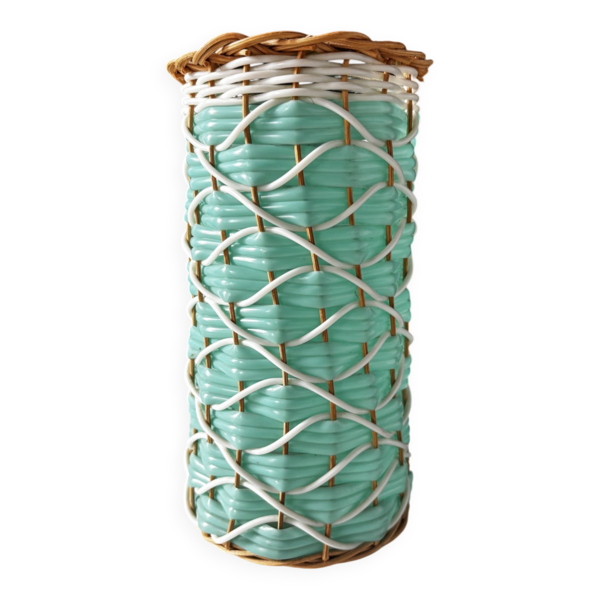 Vintage celadon green scoubidou vase with rattan — 1960s-70s