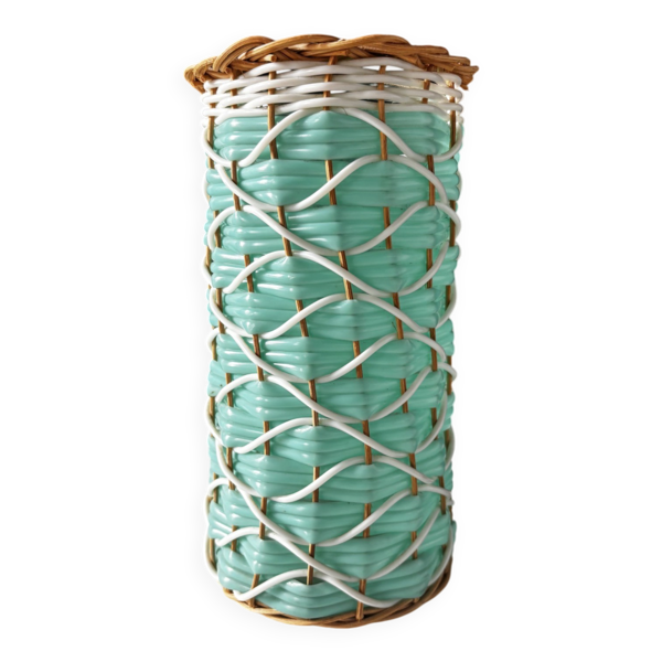 Vase vintage scoubidou vert céladon et rotin — années 60-70 — Beyit