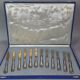Dessert set of 6 knives and 6 forks in silver metal + case C729 S