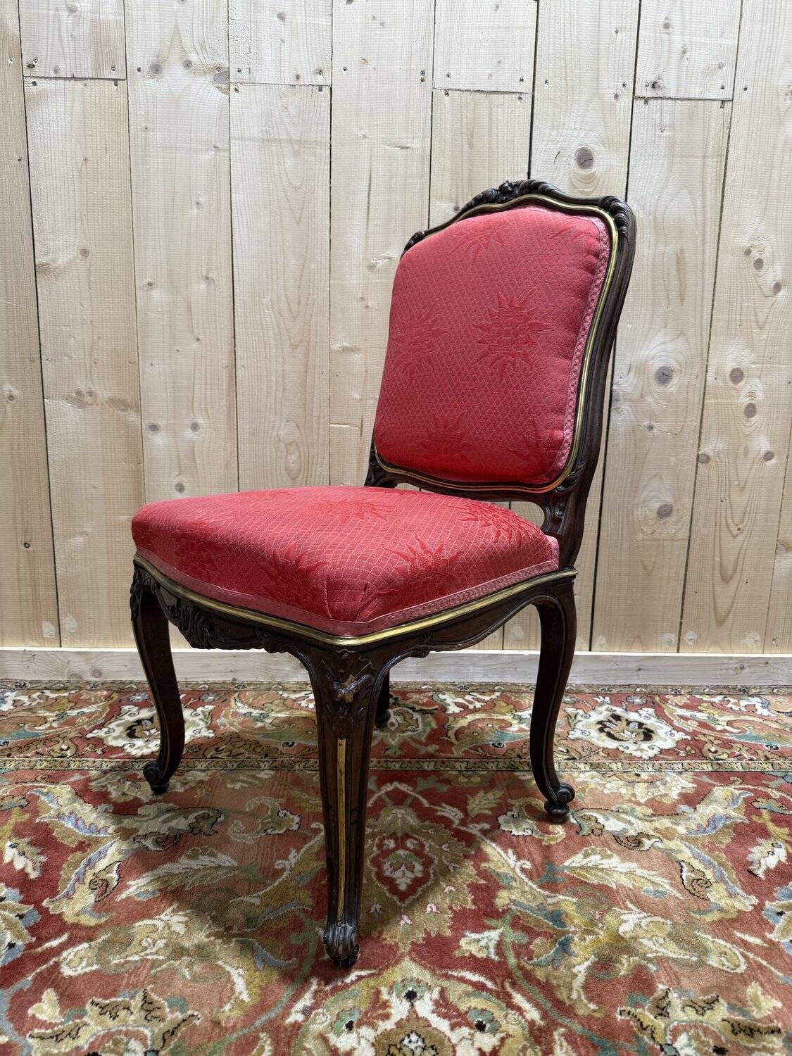 Set of 6 Louis XV style chairs in walnut and brass.