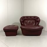 French burgundy leather space age lounge chair & footstool 1970’s