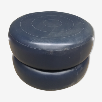 Pouf ottoman rond skaï bleu design 1970