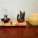 Art deco table lamp 1920/1940, marble, opaline, regulated swan