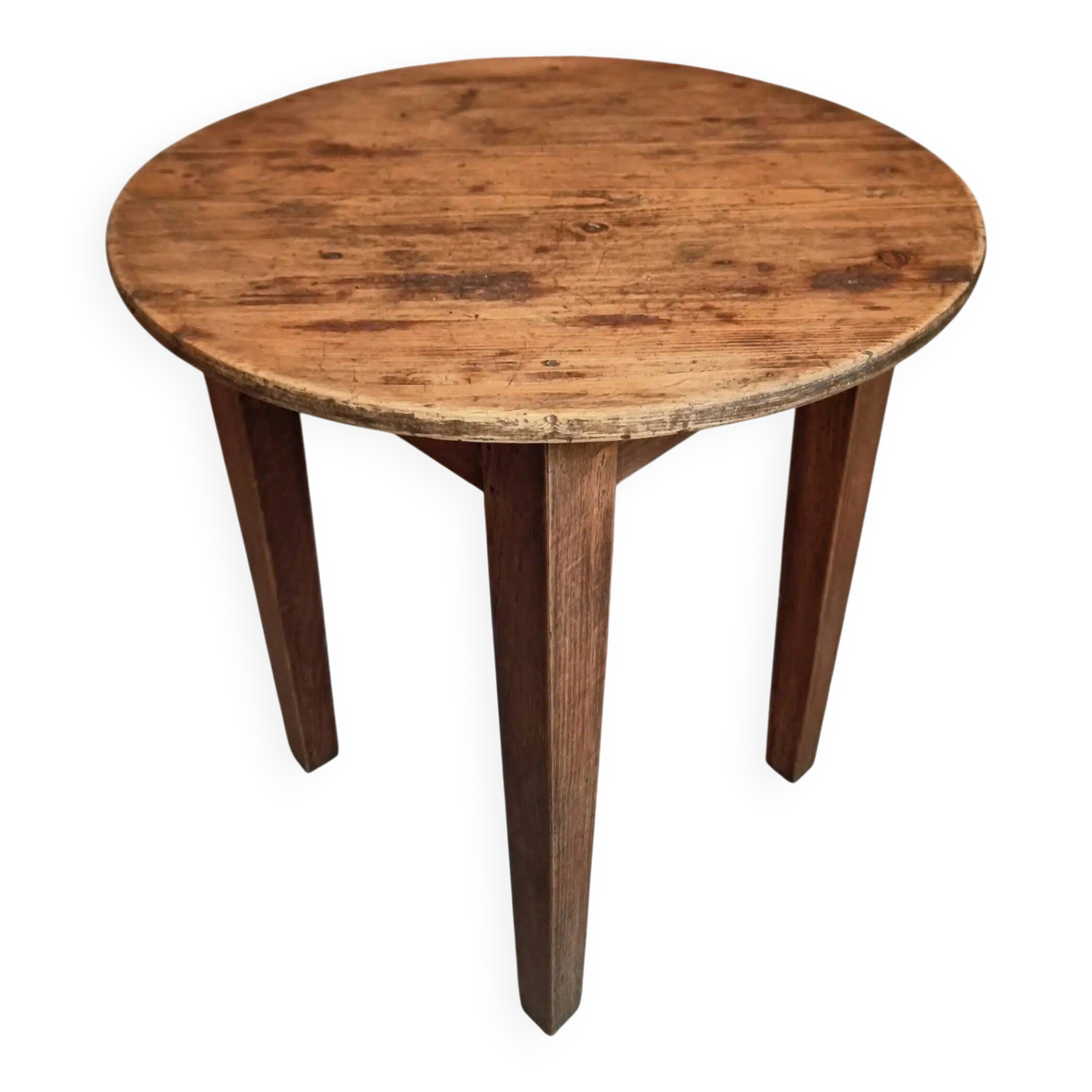 Antique round side table with oak legs and a pine top, circa 1900.
