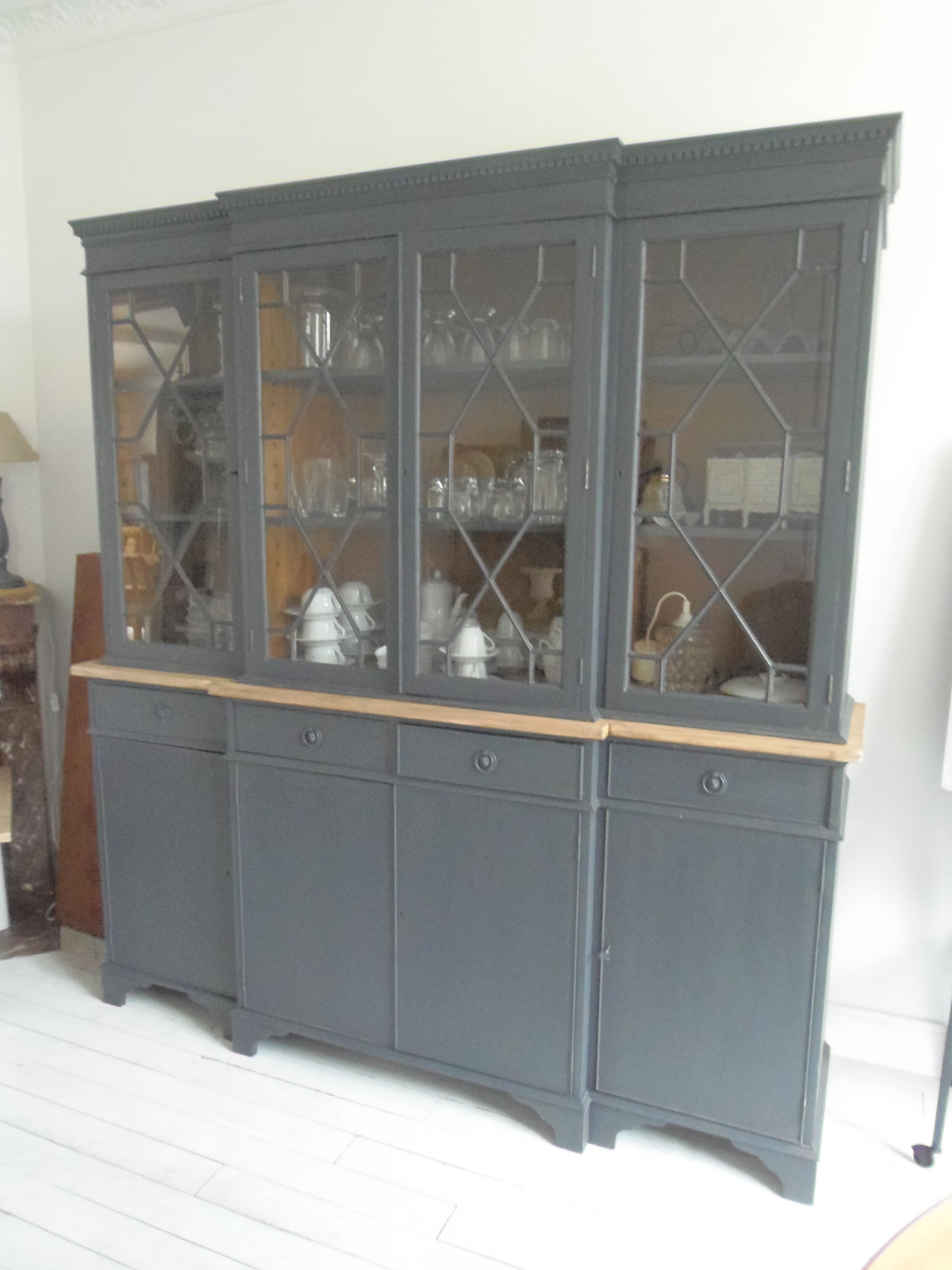 Slate grey china cabinet with wood interior