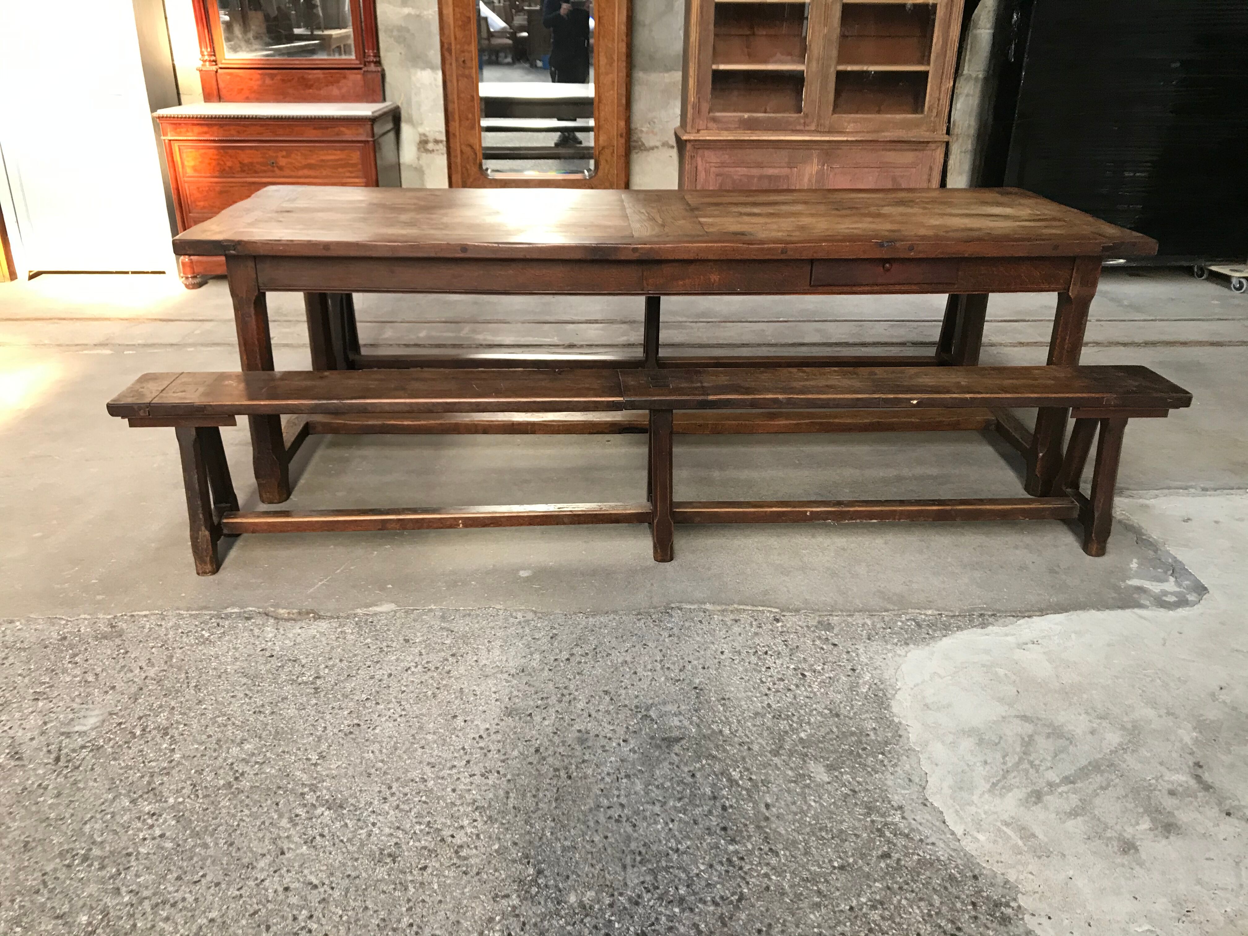 Farm table and two oak benches 19th