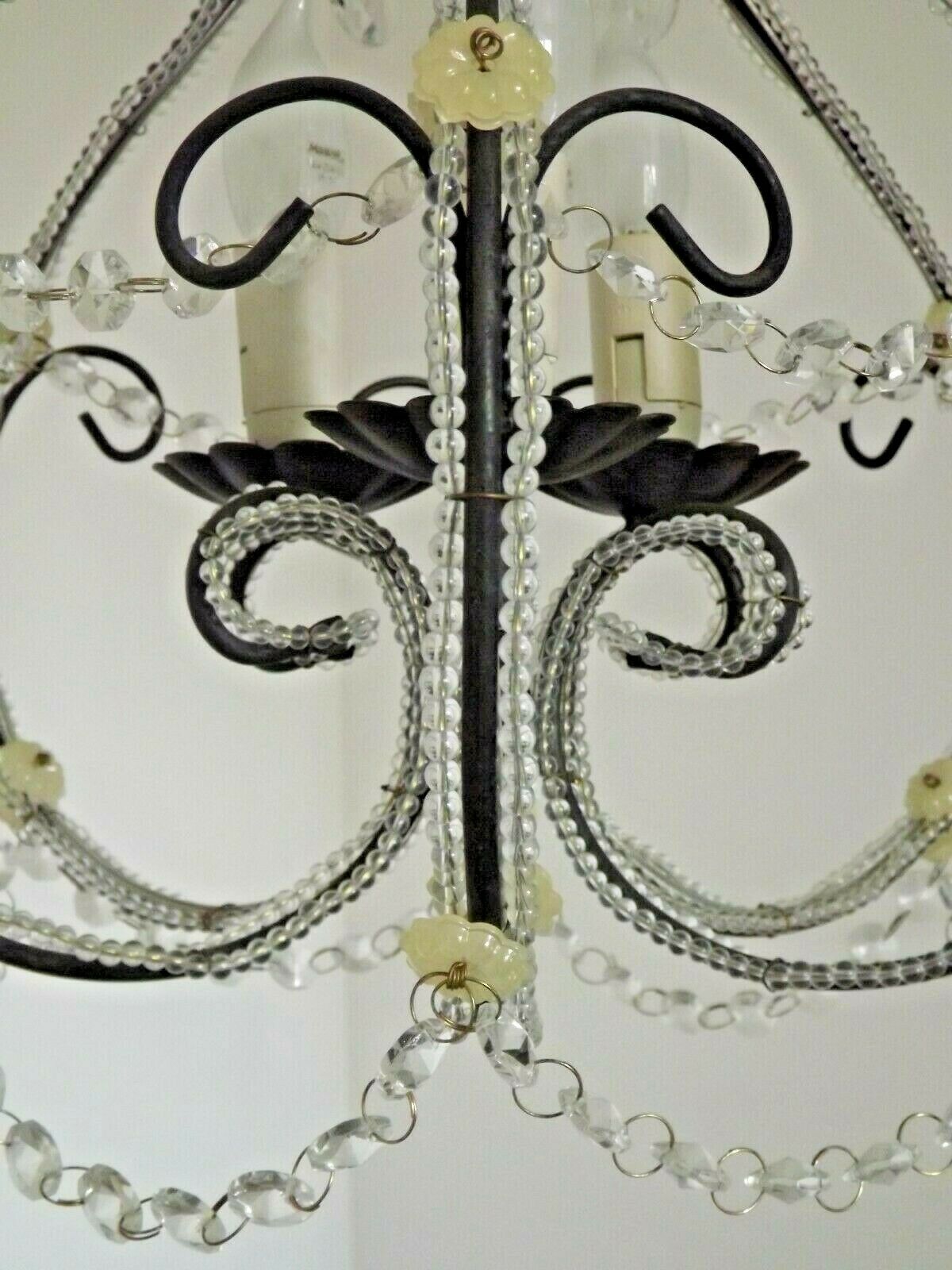 French Parisian Chic Black 3 Light Crystal Beaded 6 Sided Cage Chandelier 3620