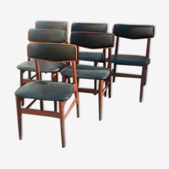 Série de 6 chaises scandinave en teck et cuir noir