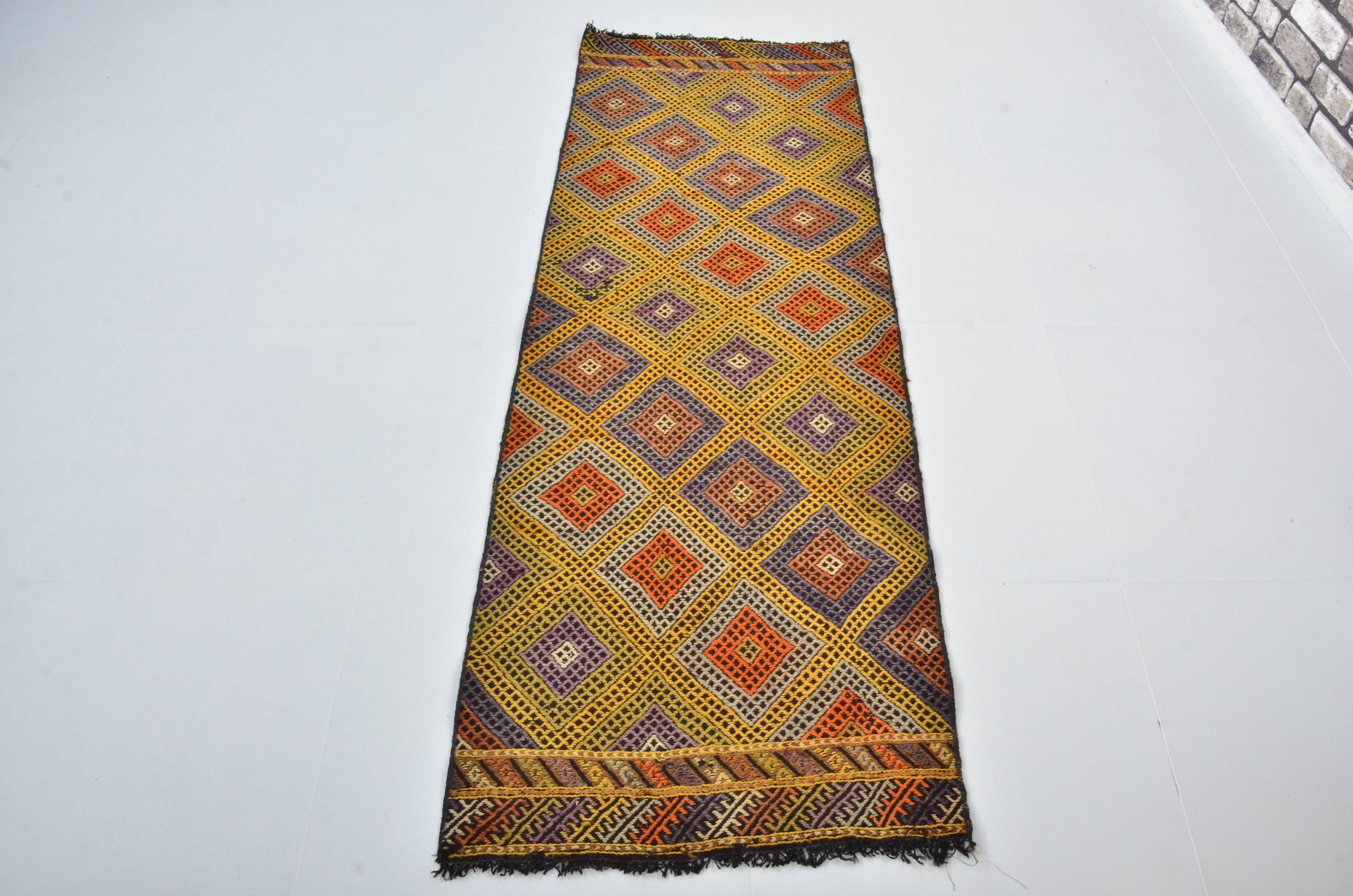 Tapis Kilim en laine tissé à la main de style bohème turc, référence 3401