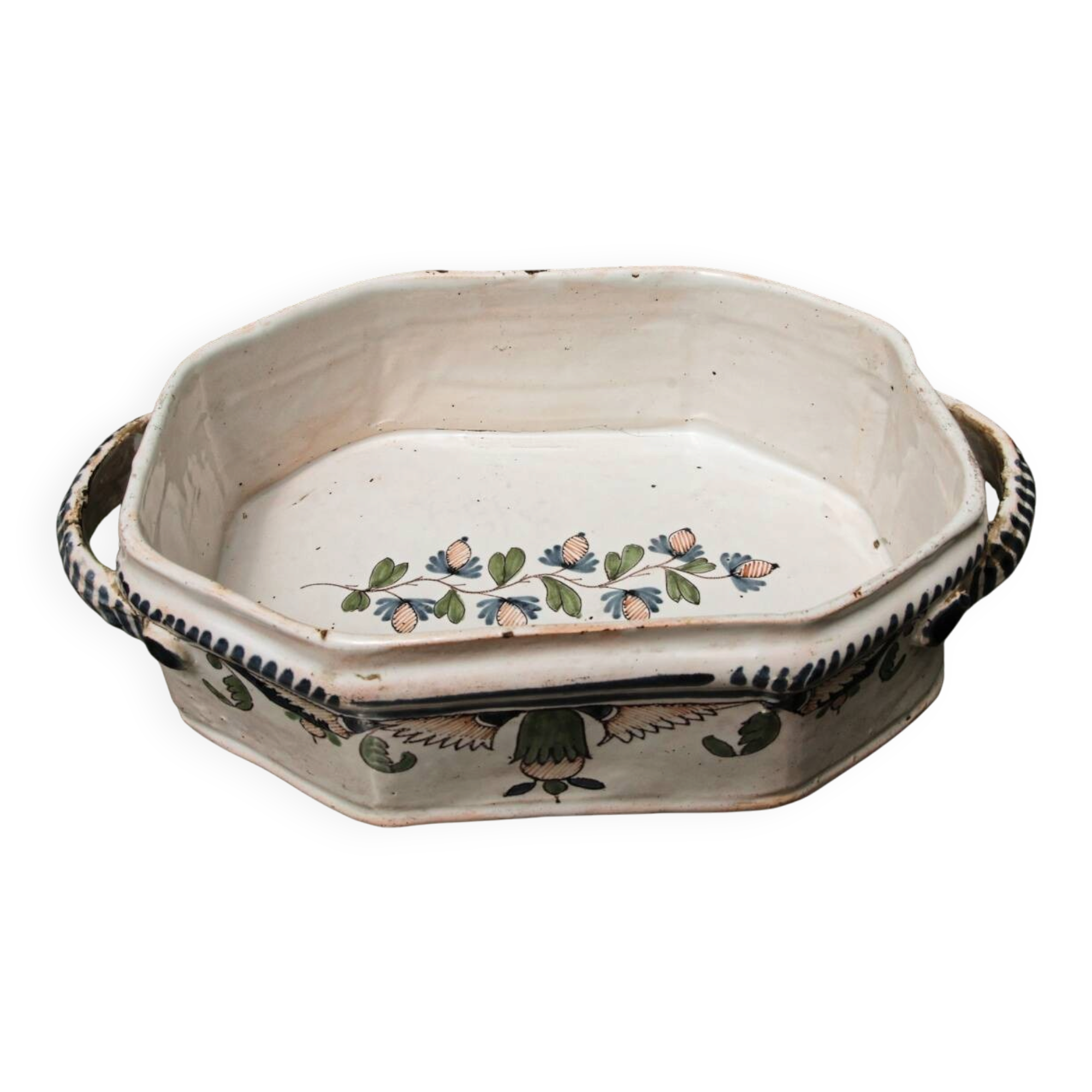 Cut-corner jardinière, in Rouen faience, 18th century
