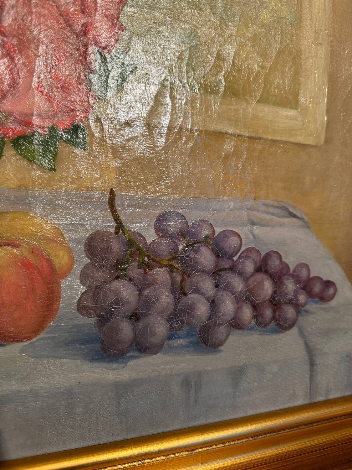 Old painting, Still life or roses and fruits, early 20th century