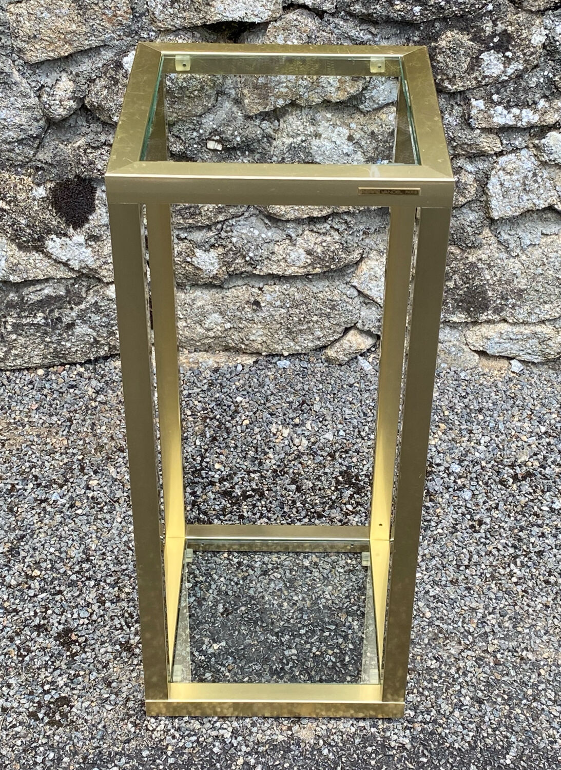 Vintage 1980s square gold metal end table/shelving by pierre vandel, 2 pieces