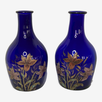 2211859 Art Nouveau, pair of enamelled glass vases floral decoration circa 1900