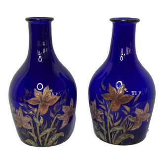 2211859 Art Nouveau, pair of enamelled glass vases floral decoration circa 1900