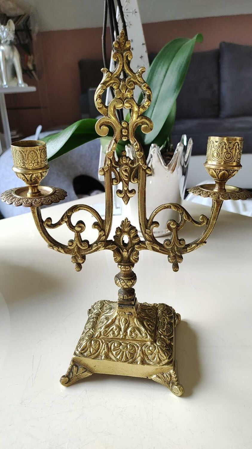 Altar candlestick with 2 branches, napoleon iii style, bronze patina old gold