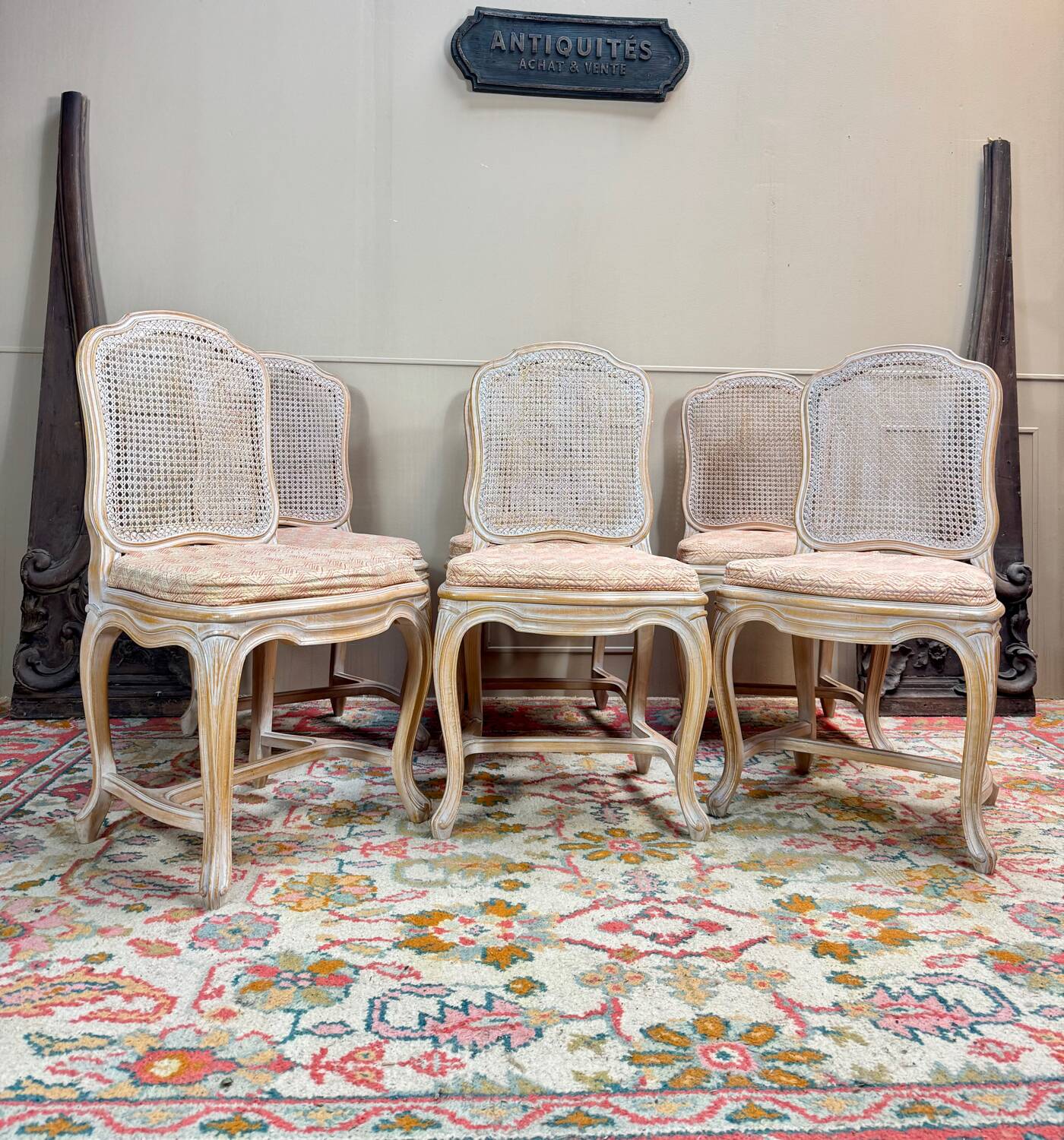 Set of six Louis XV style lacquered wood caned chairs