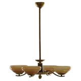 Art Deco chandelier with 4 arms in glass and brass, Sweden, 1940s