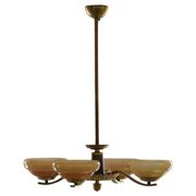 Art Deco chandelier with 4 arms in glass and brass, Sweden, 1940s
