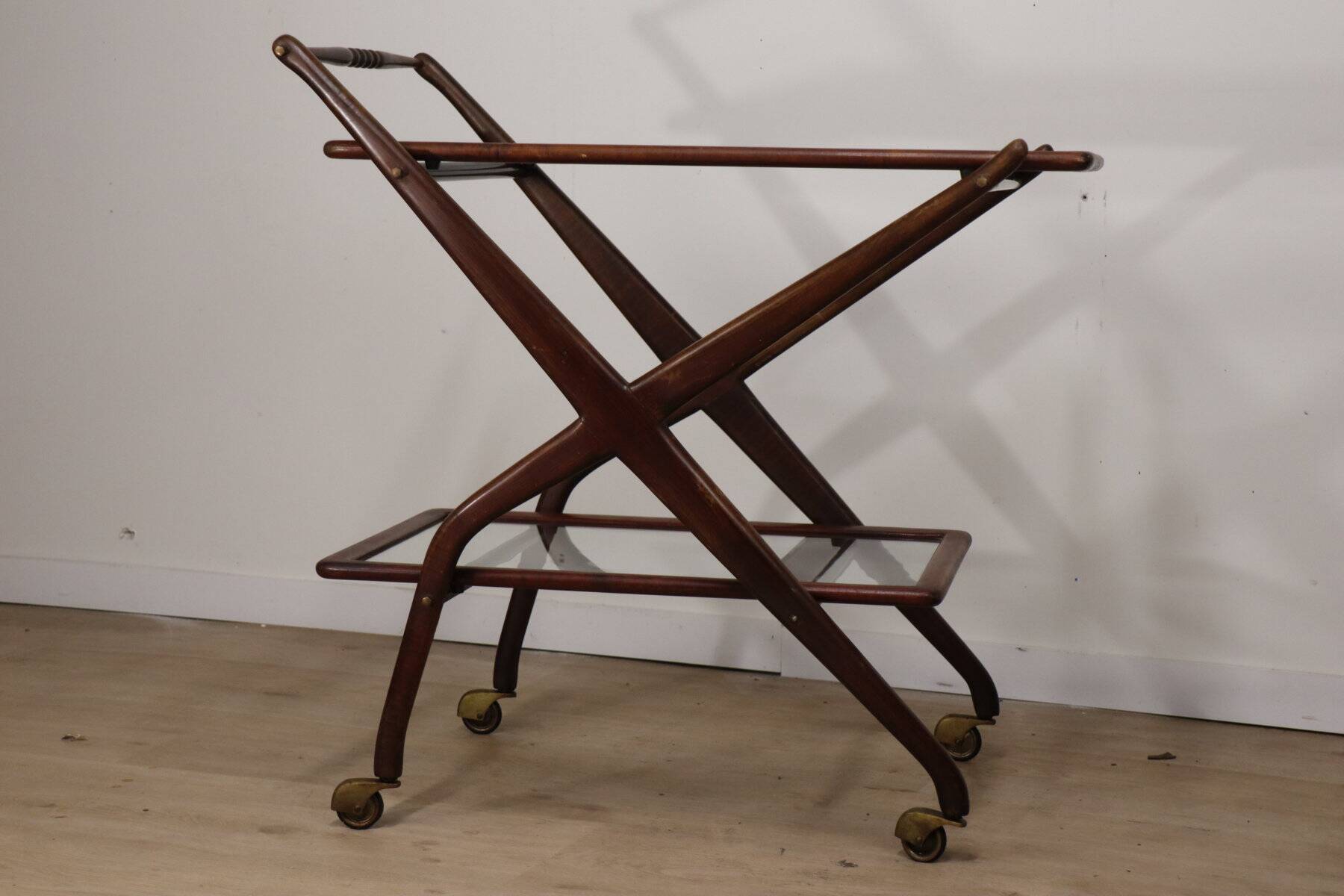 Vintage wooden and glass rolling trolley, 1960