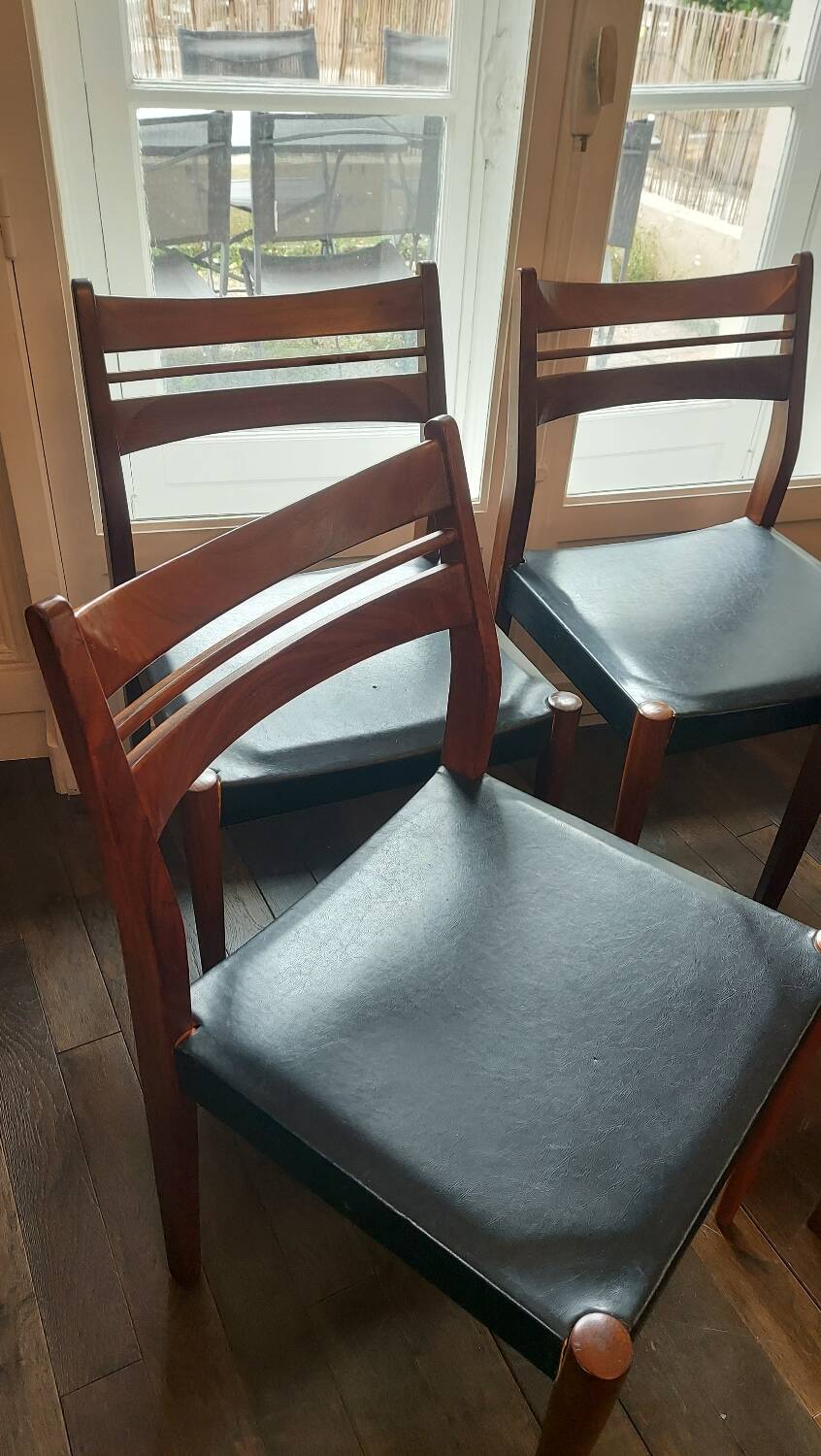 Set of 4 vintage Scandinavian chairs in teak & black skai - 1960s