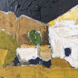 Mid-Century Modern Swedish Oil Painting "White Village" Vintage Framed Landscape