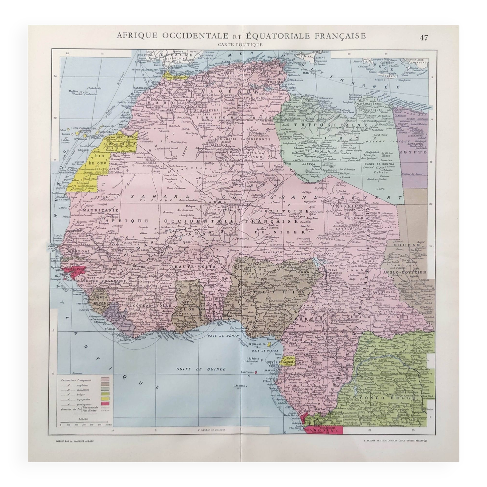 Antique map of French West and Equatorial Africa in 1950 43x43cm