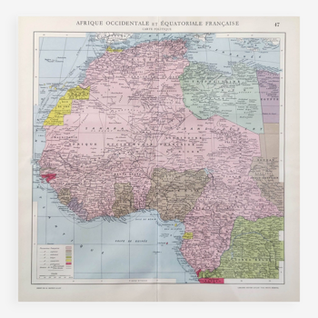 Carte ancienne Afrique occidentale et équatoriale Française en 1950 43x43cm