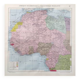 Carte ancienne Afrique occidentale et équatoriale Française en 1950 43x43cm