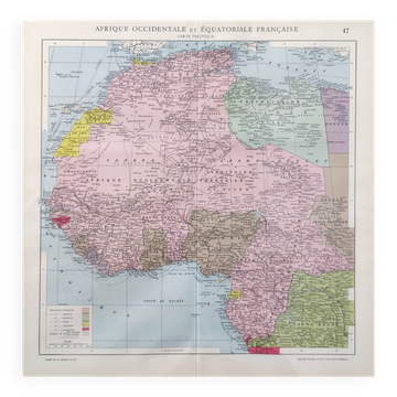 Old map of French West and Equatorial Africa from 1950, 43x43cm.
