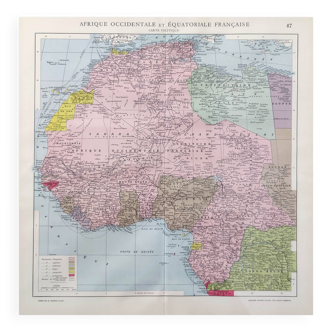 Old French West and Equatorial Africa map in 1950 43x43cm