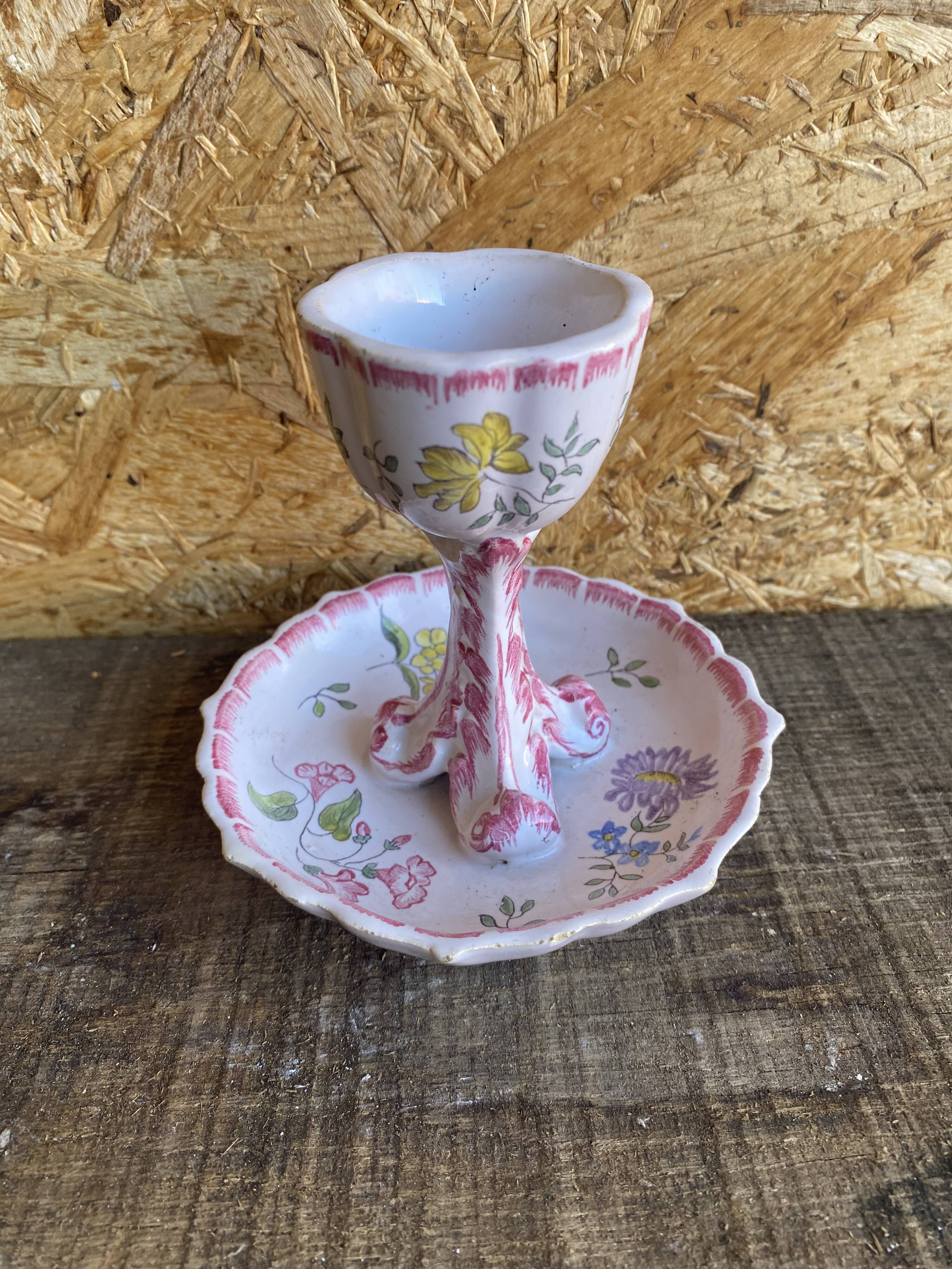 Vintage Ceramic Egg Cup on Stand with Pink Flower Decoration #D984