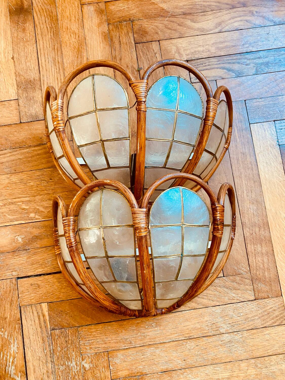 Pair of mother-of-pearl rattan wall lights