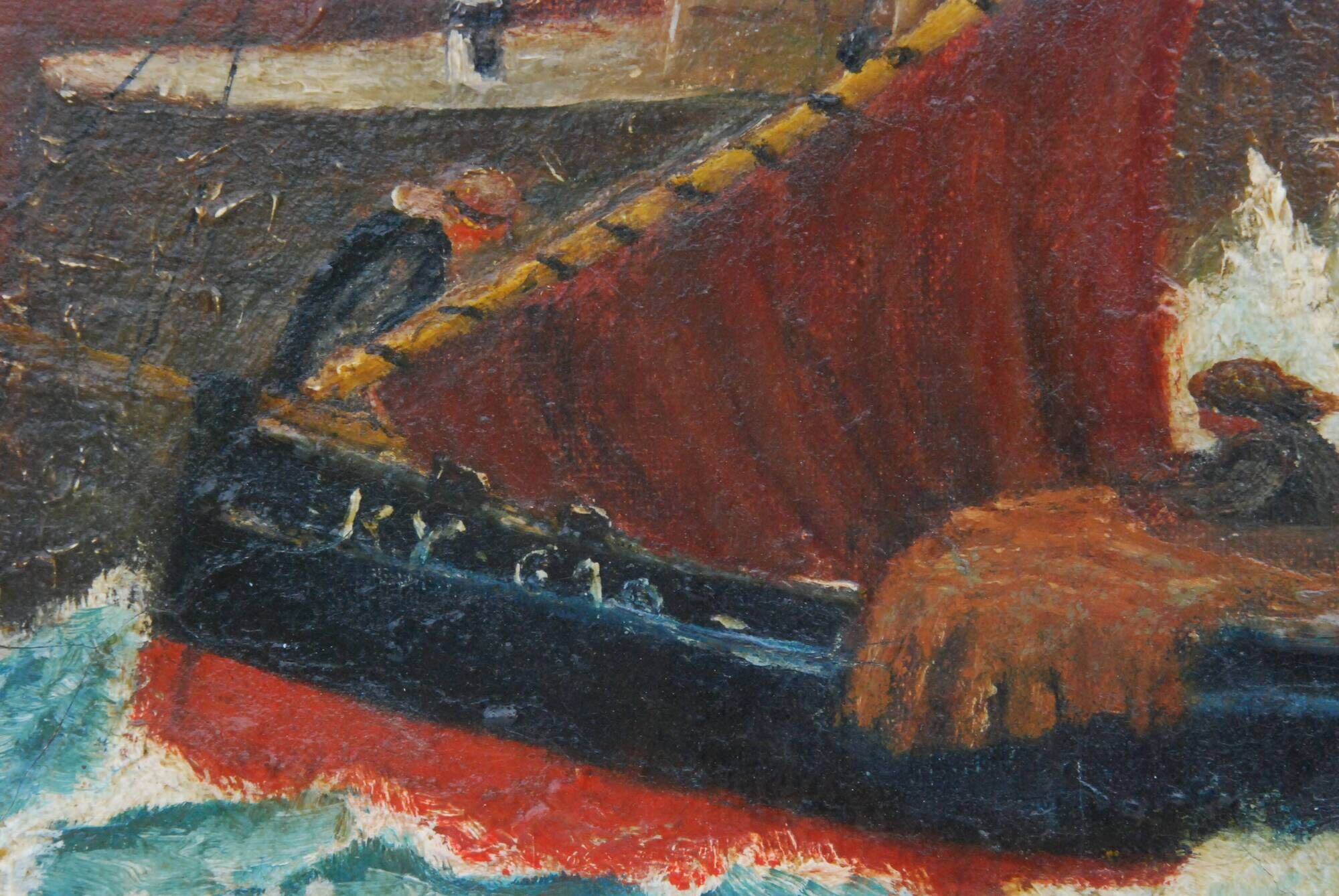 Old painting seaside view boats and fishermen
