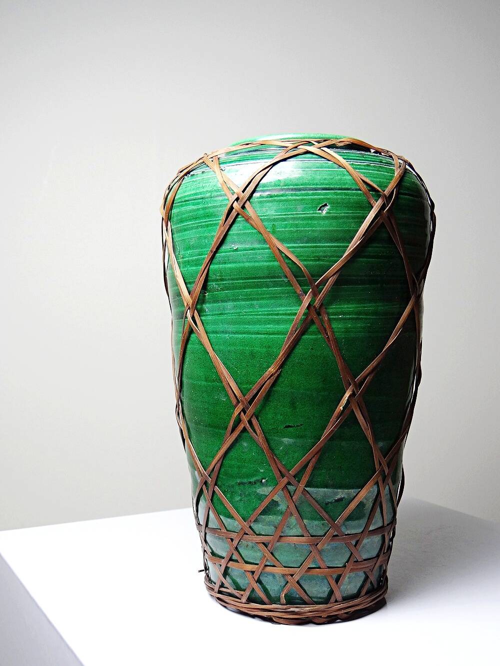 Japanese vase, green ceramic with bamboo lacing, Awaji Yaki, antique 1900-1930.
