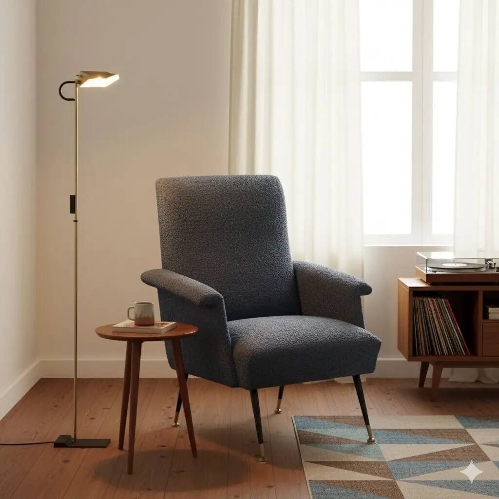 Fauteuil vintage en tissu et métal avec embouts en laiton, Italie, années 1960