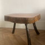Brutalist wooden table and 3 stools