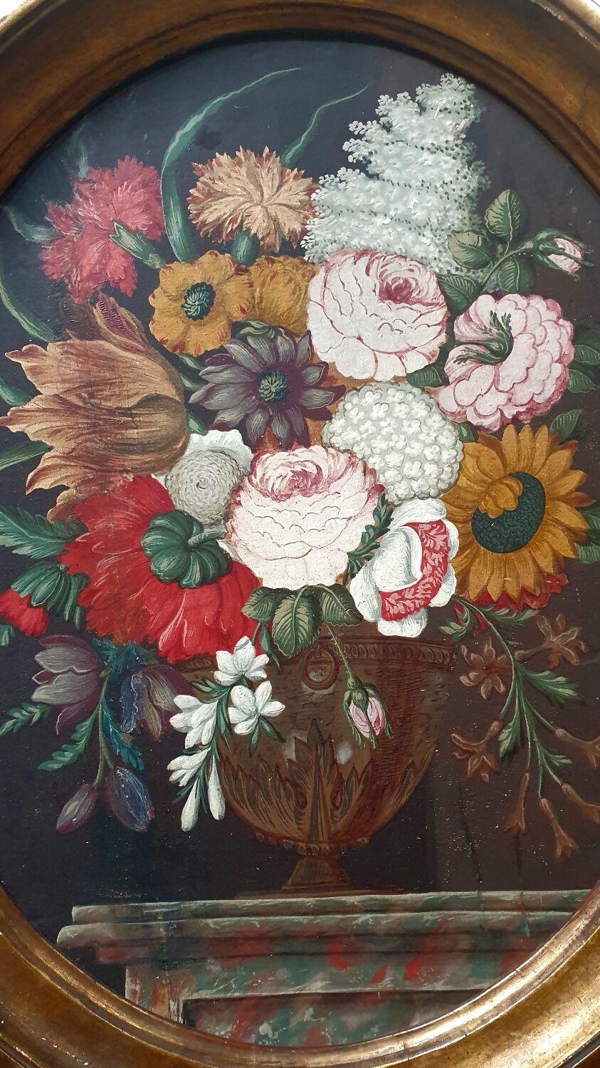 Ancient table vase with Medici flowers on a marble table, French school.