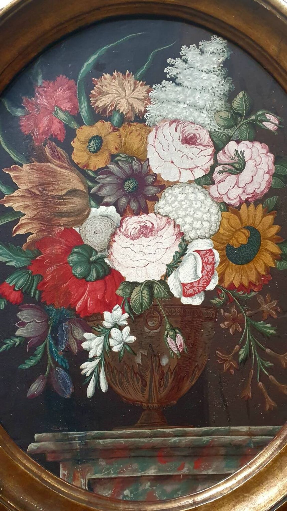 Ancient table vase with Medici flowers on a marble table, French school.