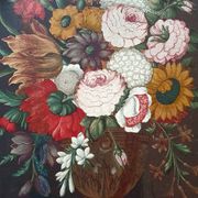 Ancient table vase with Medici flowers on a marble table, French school.
