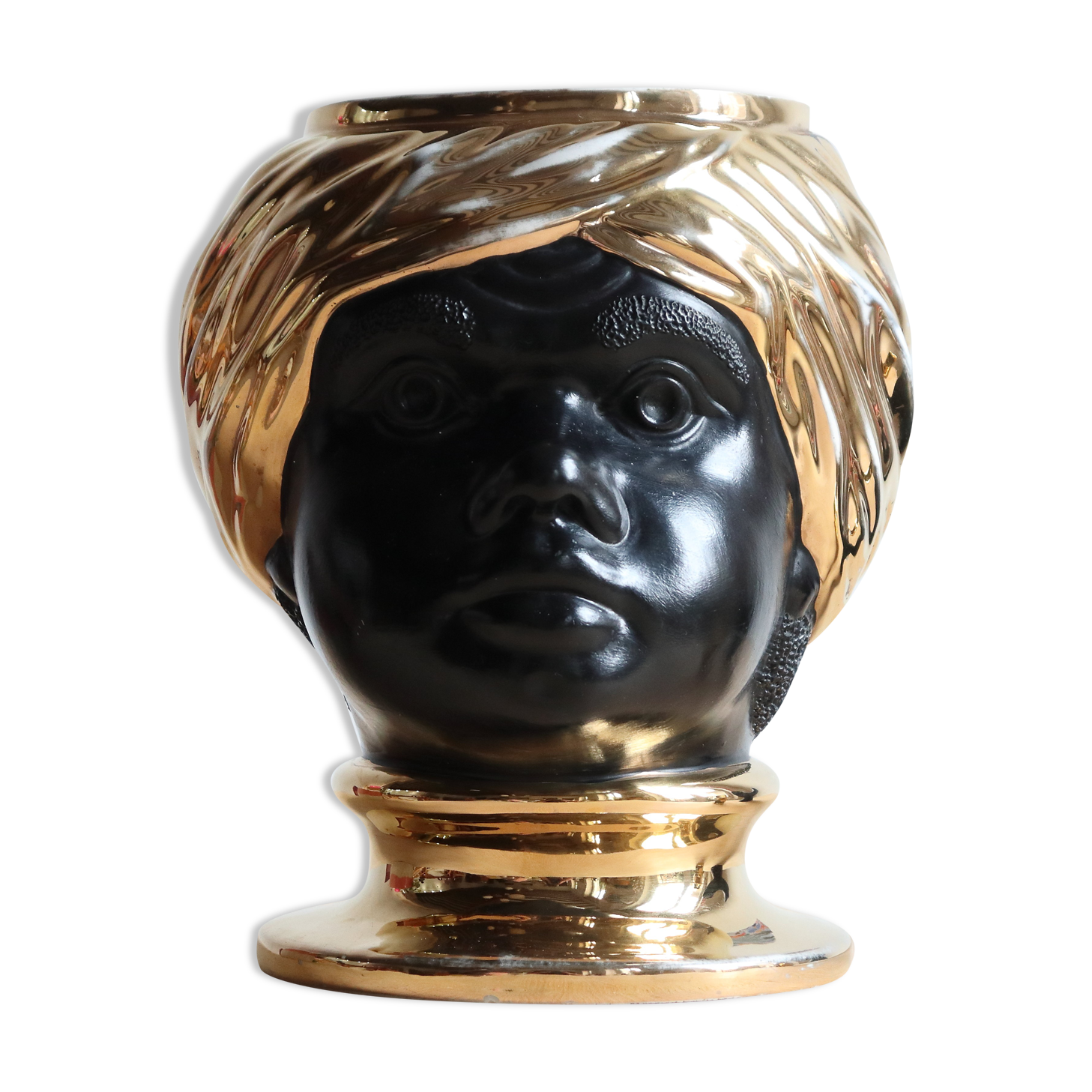 Black and gold Italian ceramic head vase signed Behreno