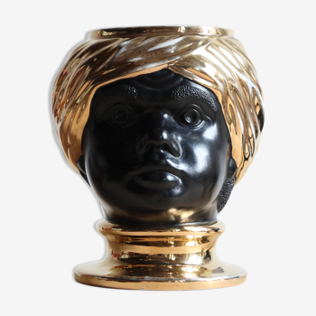 Head vase in black and gold Italian ceramic signed Behreno