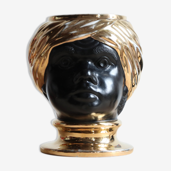 Vase tête en céramique italienne noire et dorée signé Behreno