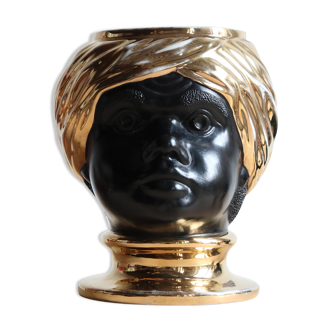 Black and gold Italian ceramic head vase signed Behreno